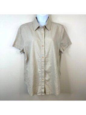 Vintage Button Up Top Womens 14 Coastal Preppy Linen Blend Neutral Capsule Beach